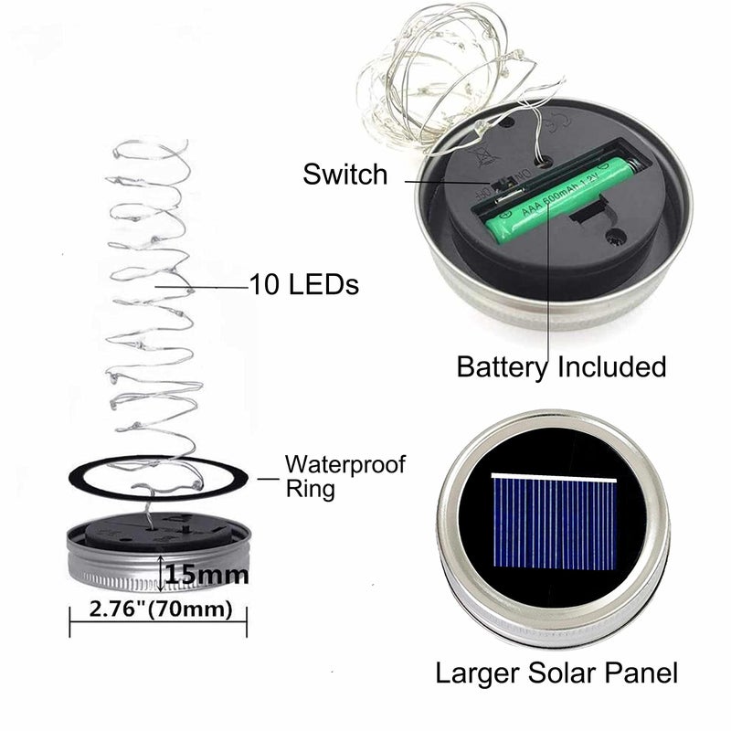 Decorman Solar Mason Jar Lid Lights, 6 Pack 10 LED Waterproof String Fairy Star Firefly Jar Lids Lights for Patio Garden Yard Lawn Party Wedding Christmas Decoration(Jars & Hangers Not Included) - Image 3